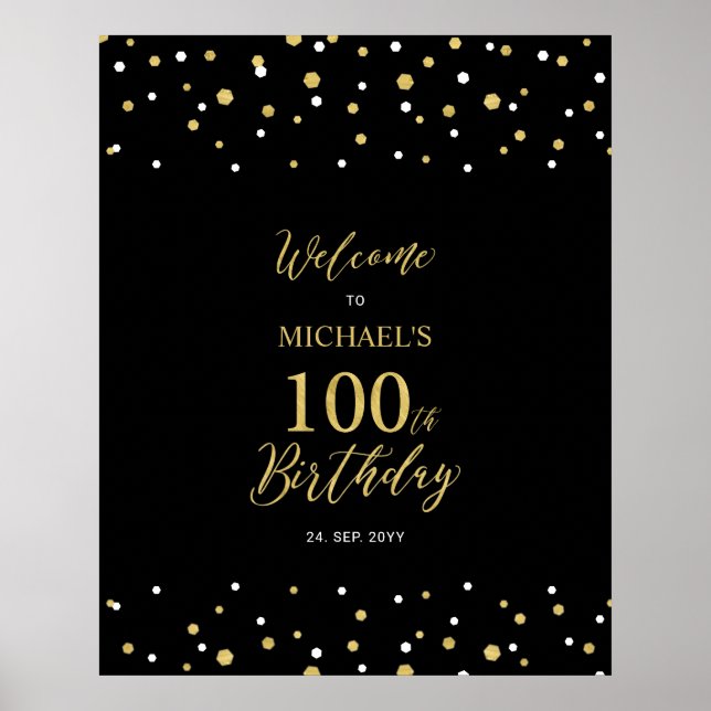 Poster Gold & Black Confetti 100e fête d'anniversaire Bie (Devant)