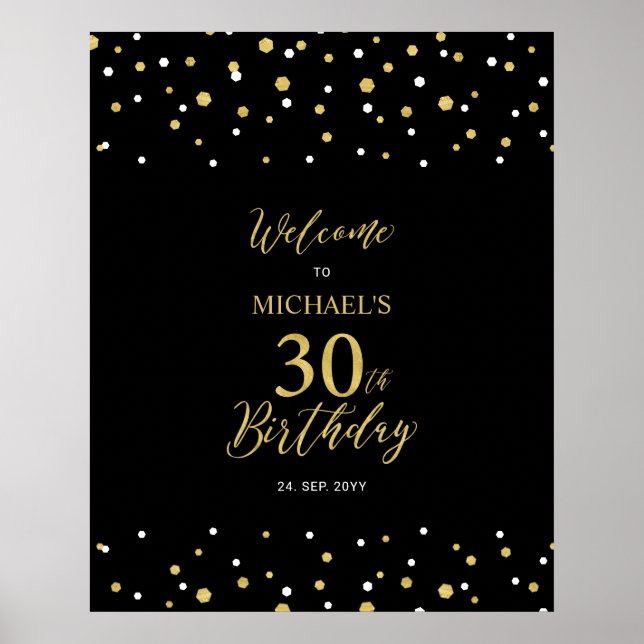 Poster Gold & Black Confetti 30e anniversaire fête Bienve (Devant)
