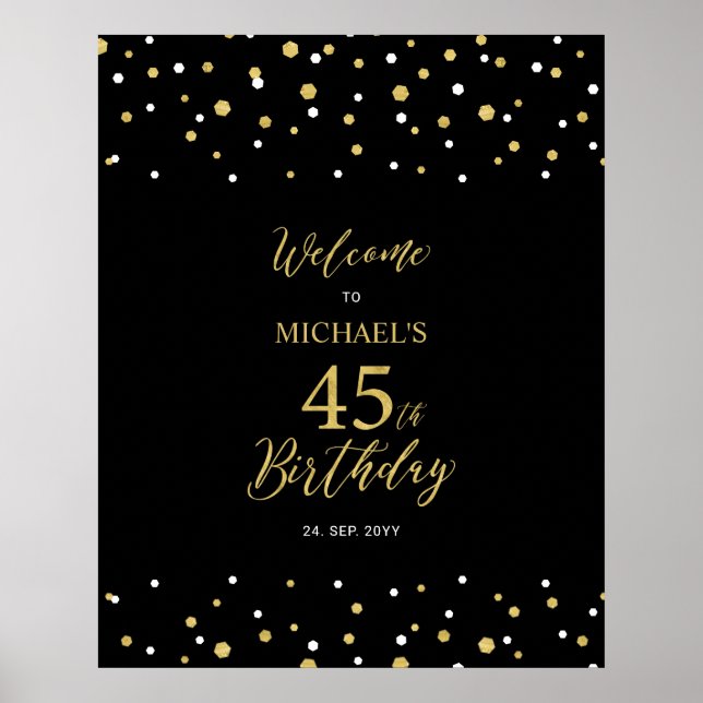 Poster Gold & Black Confetti 45e anniversaire fête Bienve (Devant)