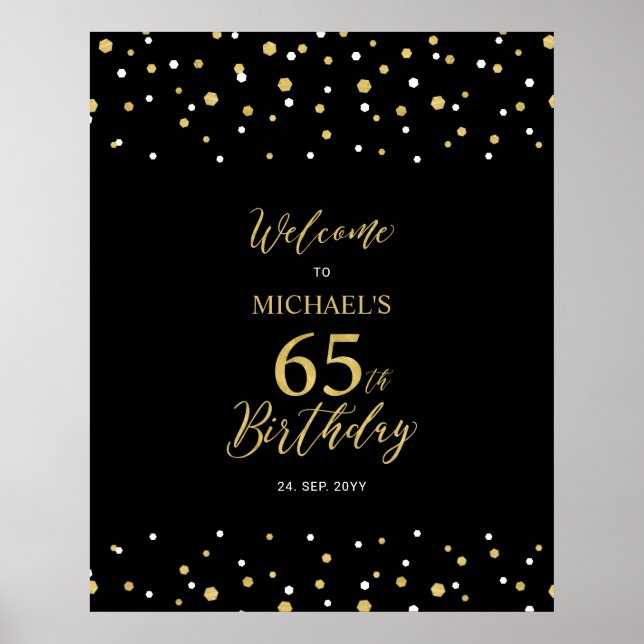 Poster Gold & Black Confetti 65e anniversaire fête Bienve (Devant)