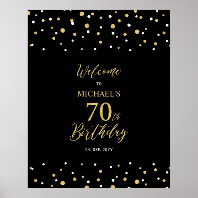 Poster Gold & Black Confetti 70e fête d'anniversaire Bien (Devant)