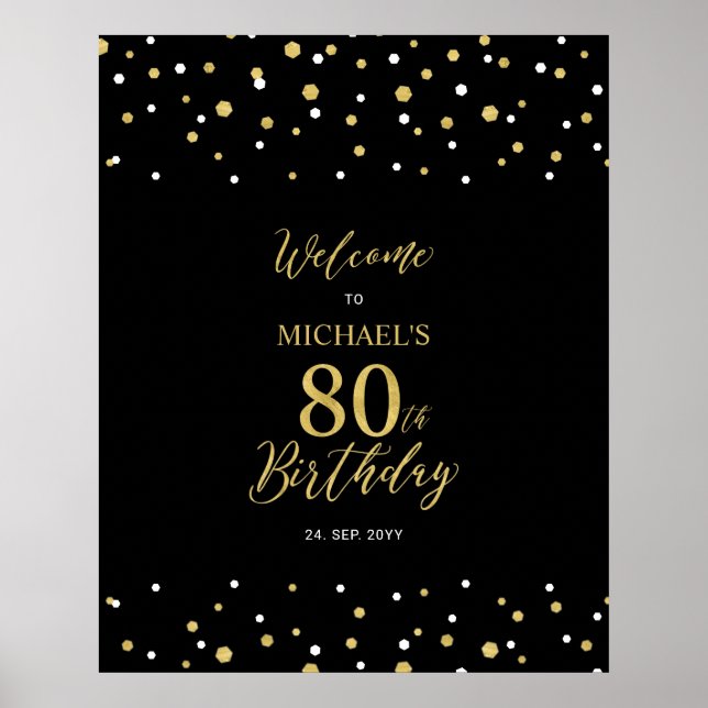 Poster Gold & Black Confetti 80e fête d'anniversaire Bien (Devant)