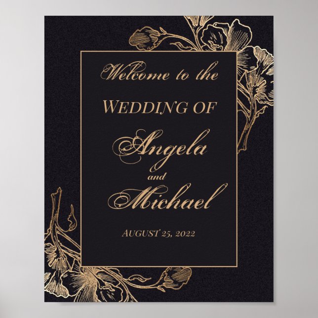 Poster Gold Black Faux Metallic Floral Design Mariage (Devant)