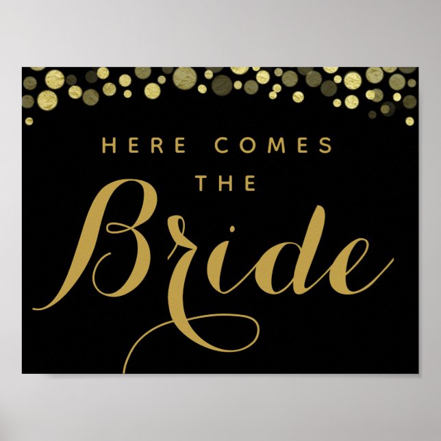 Poster Gold & Black vient ici le signe mariage de la mari (Devant)