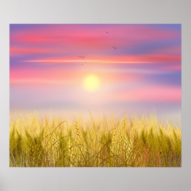 Poster Gold Blé Champ Sunset ciel Paintes à l'huile été (Devant)
