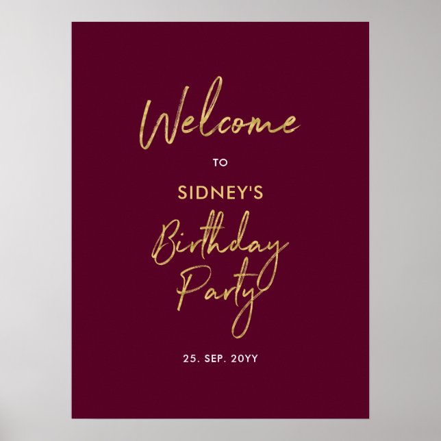Poster Gold & Bourgogne Rouge moderne fête d'anniversaire (Devant)