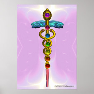 Poster GOLD CADUCEUS 7 CHAKRAS,Yoga,Medical Light Pink