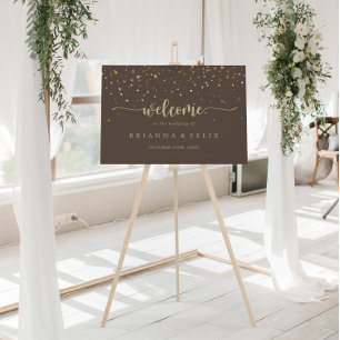 Poster Gold Confetti Calligraphie Mariage Brown Bienvenue