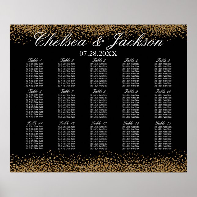 Poster Gold Confetti et Black - 15 Seating Chart (Devant)