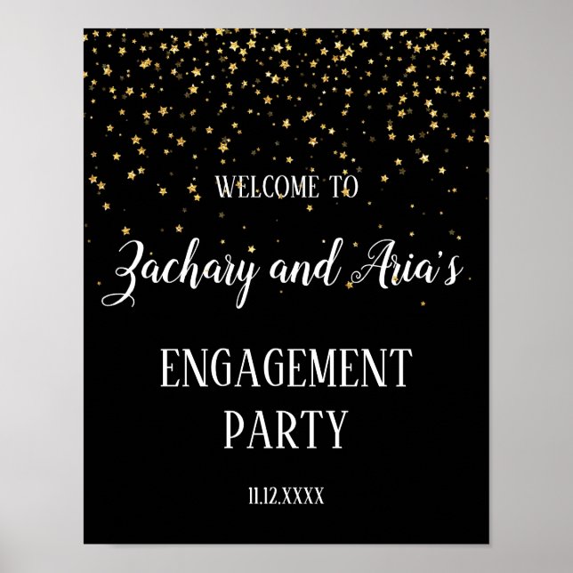 Poster Gold Confetti sur Black Engagement Party Welcome (Devant)