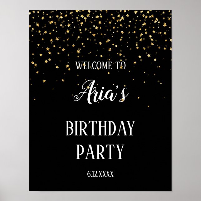 Poster Gold Confetti sur Noir fête d'anniversaire Bienven (Devant)