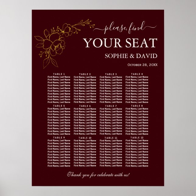 Poster Gold Deep Burgundy 12 Table Seating Chart Wedding (Devant)