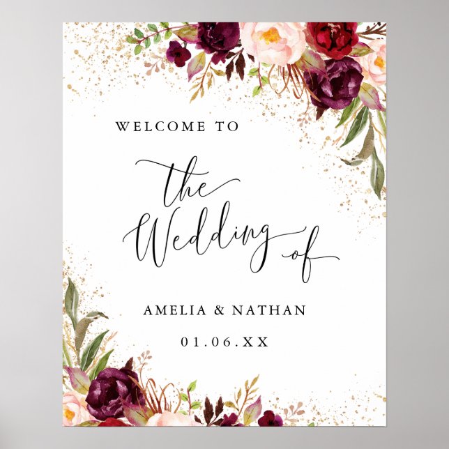 Poster Gold Dust Bourgogne Floral Mariage de bienvenue (Devant)