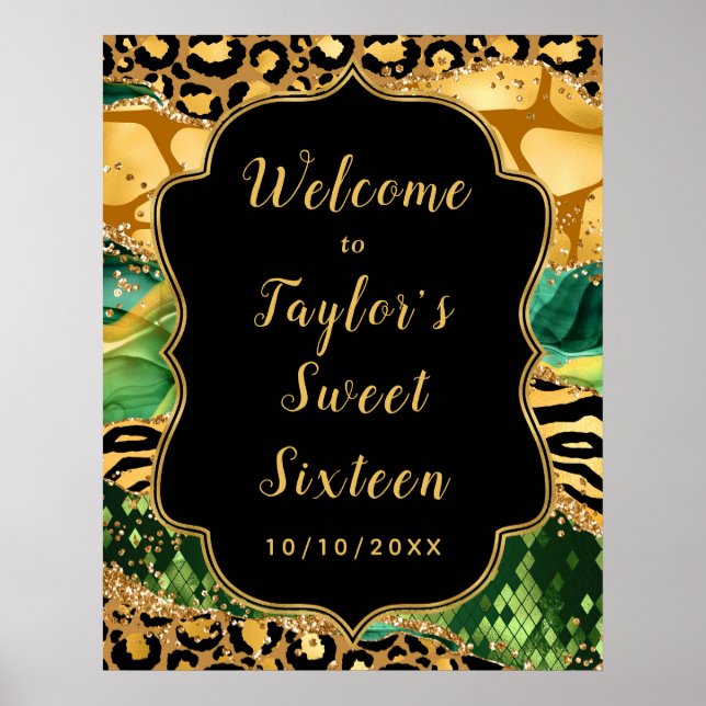 Poster Gold et Green Safari Agate Sweet sixteen Bienvenue (Devant)