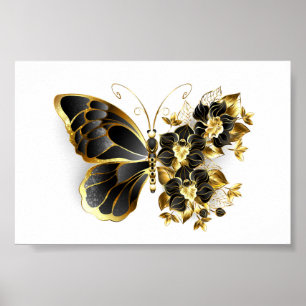 Poster Gold flower Butterfly with Black Orchid