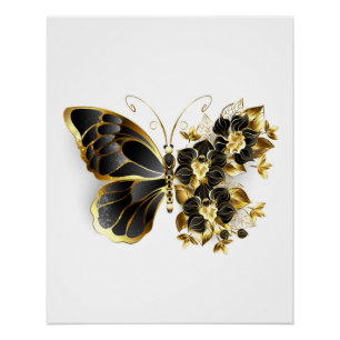 Poster Gold flower Butterfly with Black Orchid