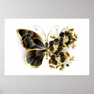 Poster Gold flower Butterfly with Black Orchid