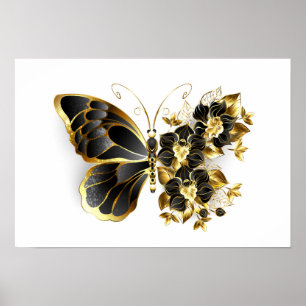 Poster Gold flower Butterfly with Black Orchid