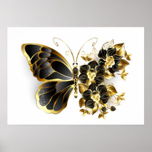 Poster Gold flower Butterfly with Black Orchid