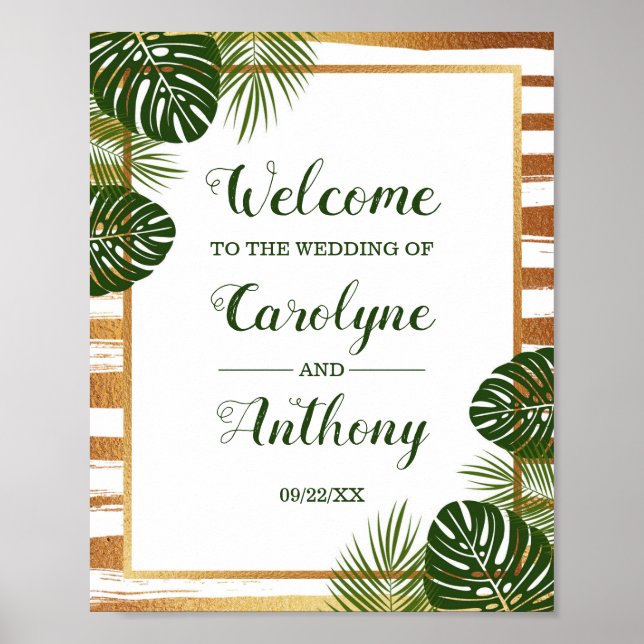 Poster Gold Foil & Green Palm Leaf Beach Mariage Bienvenu (Devant)