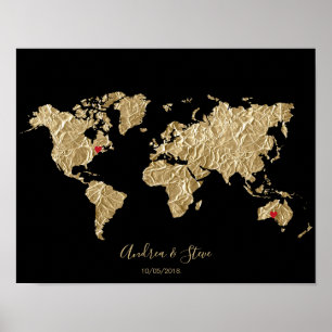 Poster Gold Foil World Map avec des coeurs amovibles coup