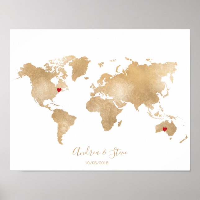 Poster Gold Foil World Map avec des coeurs mobiles couple (Devant)