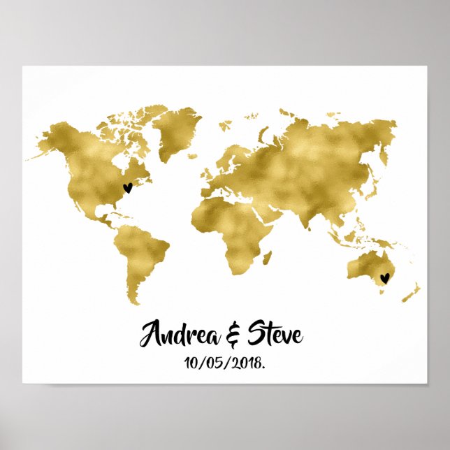 Poster Gold Foil World Map avec les couples de coeurs (Devant)