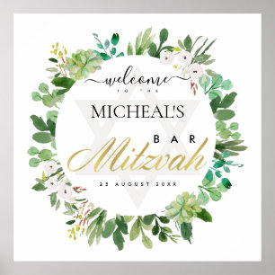 POSTER GOLD FOLIAGE WREATH STAR BAR BAT MITZVAH BIENVENUE