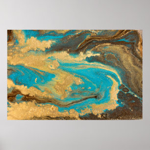 Poster Gold marbling texture design. Blue and golden marb