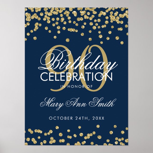Poster Gold Navy Blue 90e anniversaire Parties scintillan (Devant)