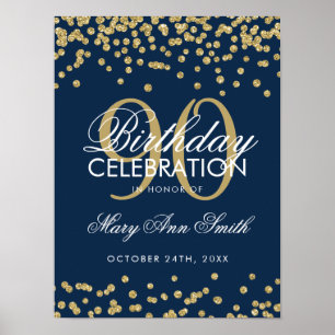 Poster Gold Navy Blue 90th Birthday Glitter Confetti