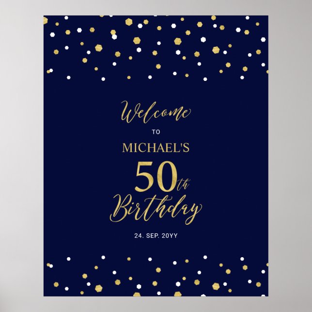 Poster Gold & Navy Confetti 50e anniversaire fête Bienven (Devant)