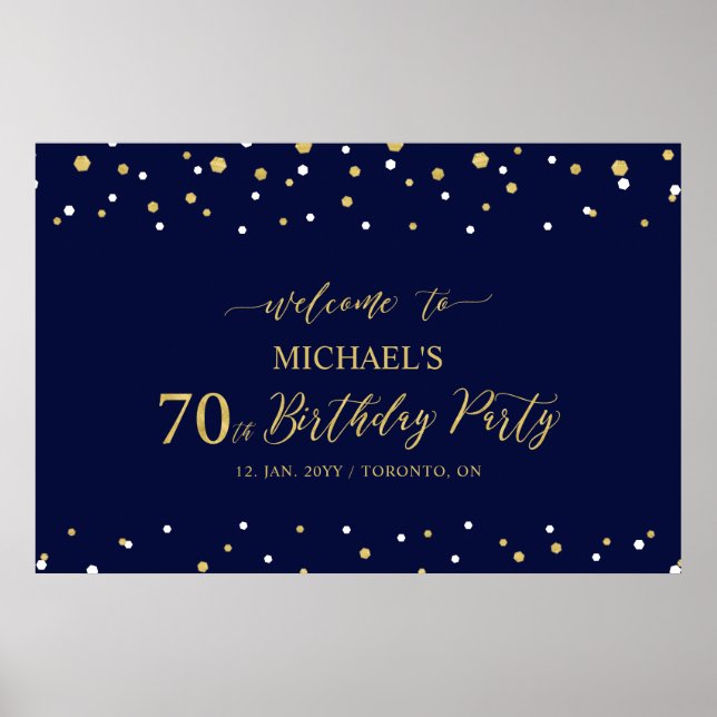 Poster Gold & Navy Confetti 70e anniversaire fête Bienven (Devant)