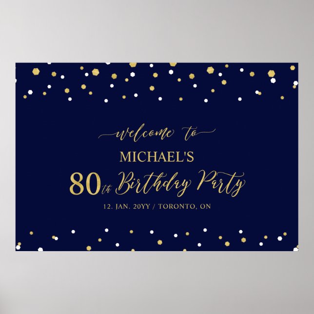 Poster Gold & Navy Confetti 80e anniversaire fête Bienven (Devant)