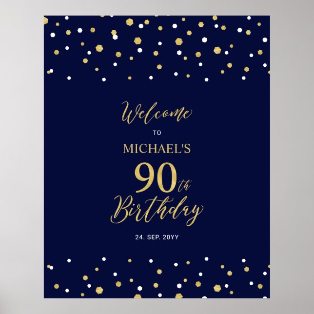 Poster Gold & Navy Confetti 90e anniversaire fête Bienven (Devant)