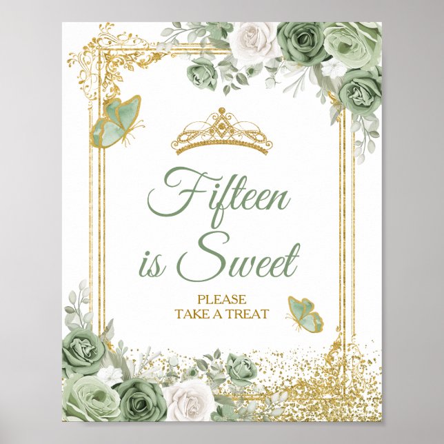 Poster Gold Quinceañera Sage Green Crown 15e est doux (Devant)