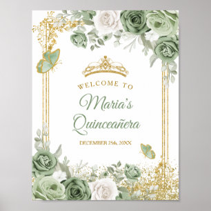 Poster Gold Quinceañera Sage Green Crown Bienvenue