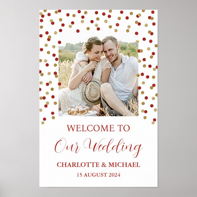 Poster Gold Red Mariage Bienvenue Personnalisé 20x30 Phot (Devant)