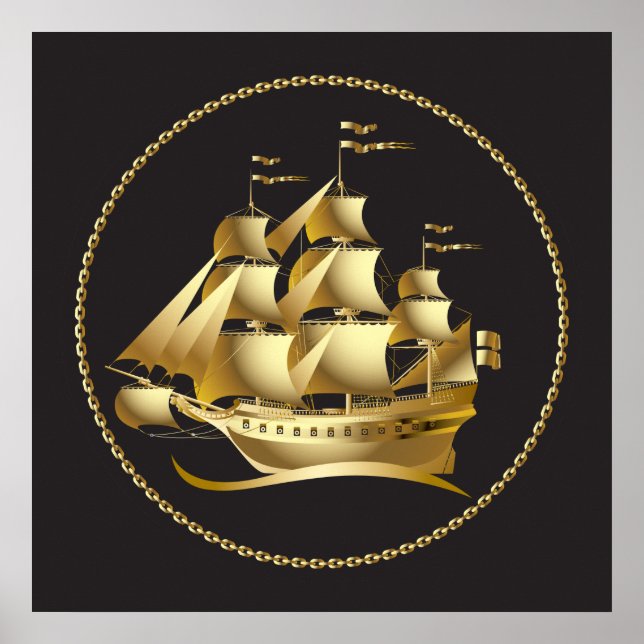 Poster Gold Sailboat Nautical (Devant)