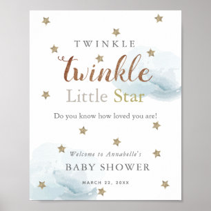 Poster Gold Stars & Blue Clouds Baby shower Bienvenue