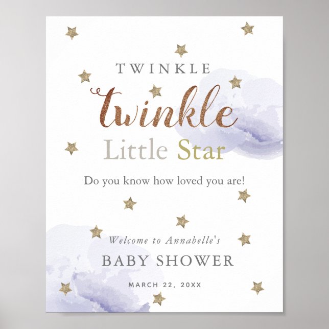 Poster Gold Stars & Lavender Clouds Baby shower Bienvenue (Devant)