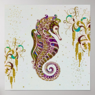 Poster Gold Summer Rainbow Seahorse Parties scintillant