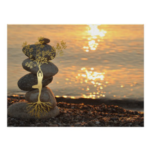 Poster Gold Tree Girl Silhouette Zen Stones, Coucher de s