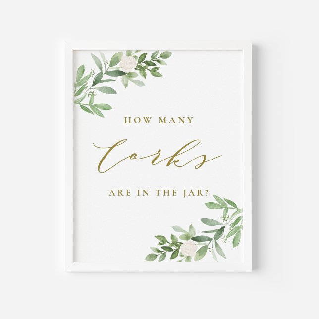 Poster Gold verdure Combien de lièges sont dans le jeu Ja (Greenery Cork Guessing Game Sign | Watercolor Corks in a Jar Game for Showers and Parties)