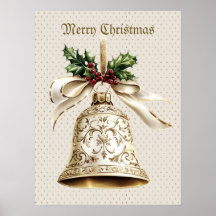 Golden Christmas Bell Shiny Stars Green Feuilles