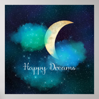 Poster Golden Crescent Moon Starry Sky Happy Dreams
