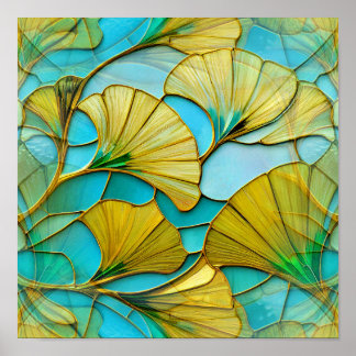 Poster Golden Ginkgo Feuille Arrière - plan bleu