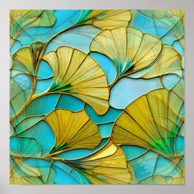 Poster Golden Ginkgo Feuille Arrière - plan bleu (Devant)