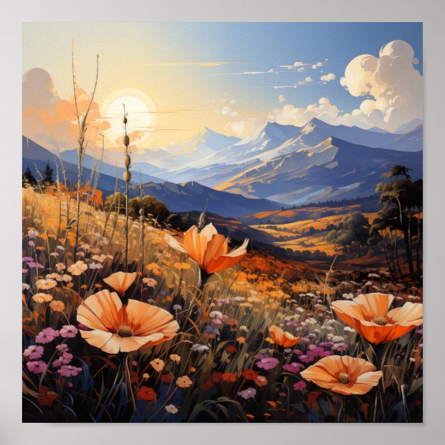 Poster Golden Horizon Fleur sauvage Field et Mountain (Devant)