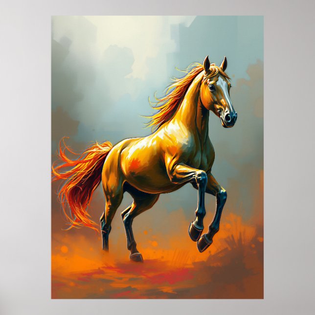 Poster Golden Horse Rears, Flowing Mane, Vibrant (Devant)